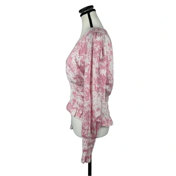 WAYF Pink Toile Print Smocked Peplum Blouse L Long Sleeve Wrap Cottagecore - Picture 4 of 10